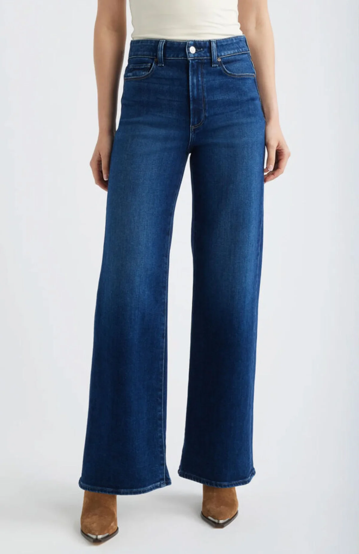 Dark indigo high waist wide leg jeans styled with boots