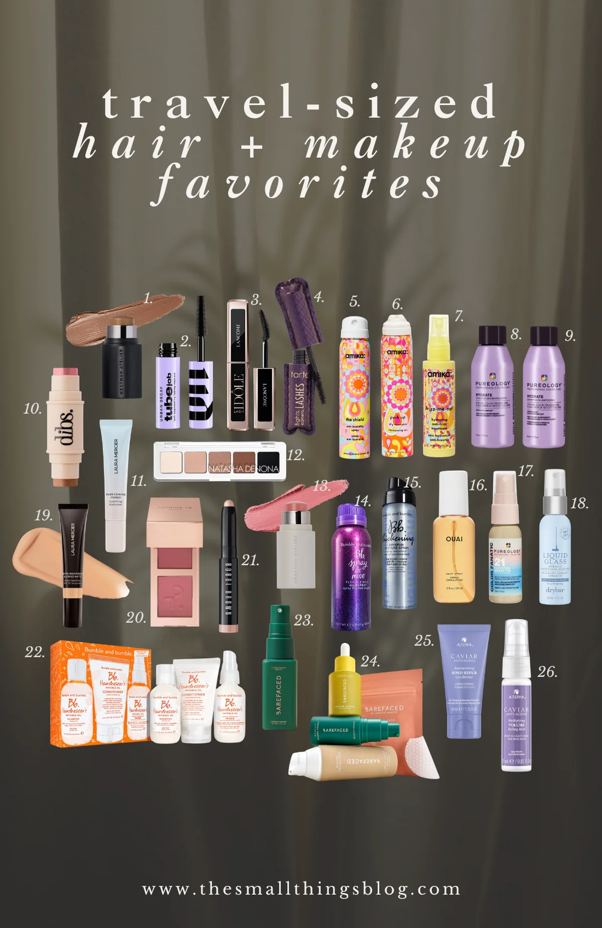 26 numbered travel-sized hair and makeup products