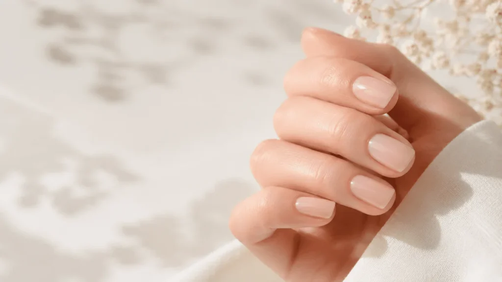 Hand with glossy bare natural nails, clean girl editorial shot