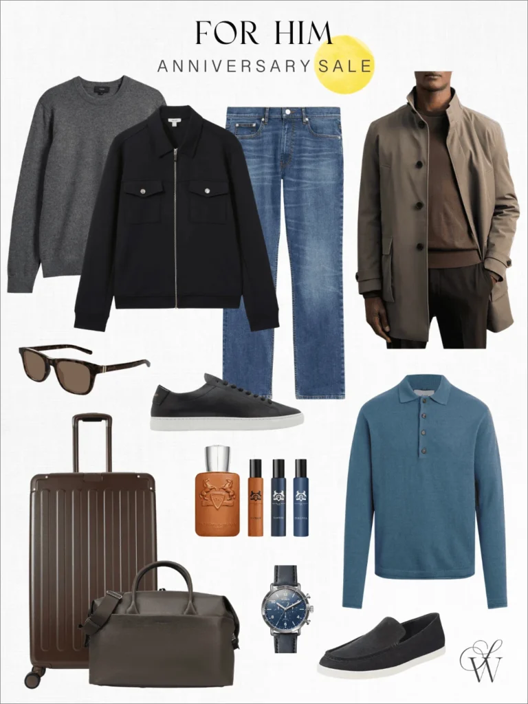 Curated men's anniversary sale wardrobe collage with jackets and basics