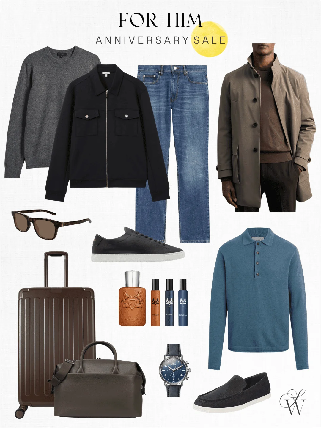 Curated men's anniversary sale wardrobe collage with jackets and basics