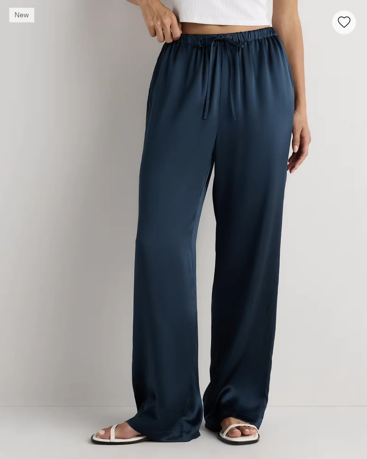 Wide-leg drawstring satin pants in navy with a white ribbed top