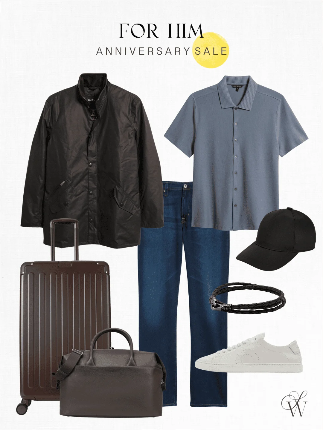 Men's jackets, jeans, sneakers, and travel bag collage