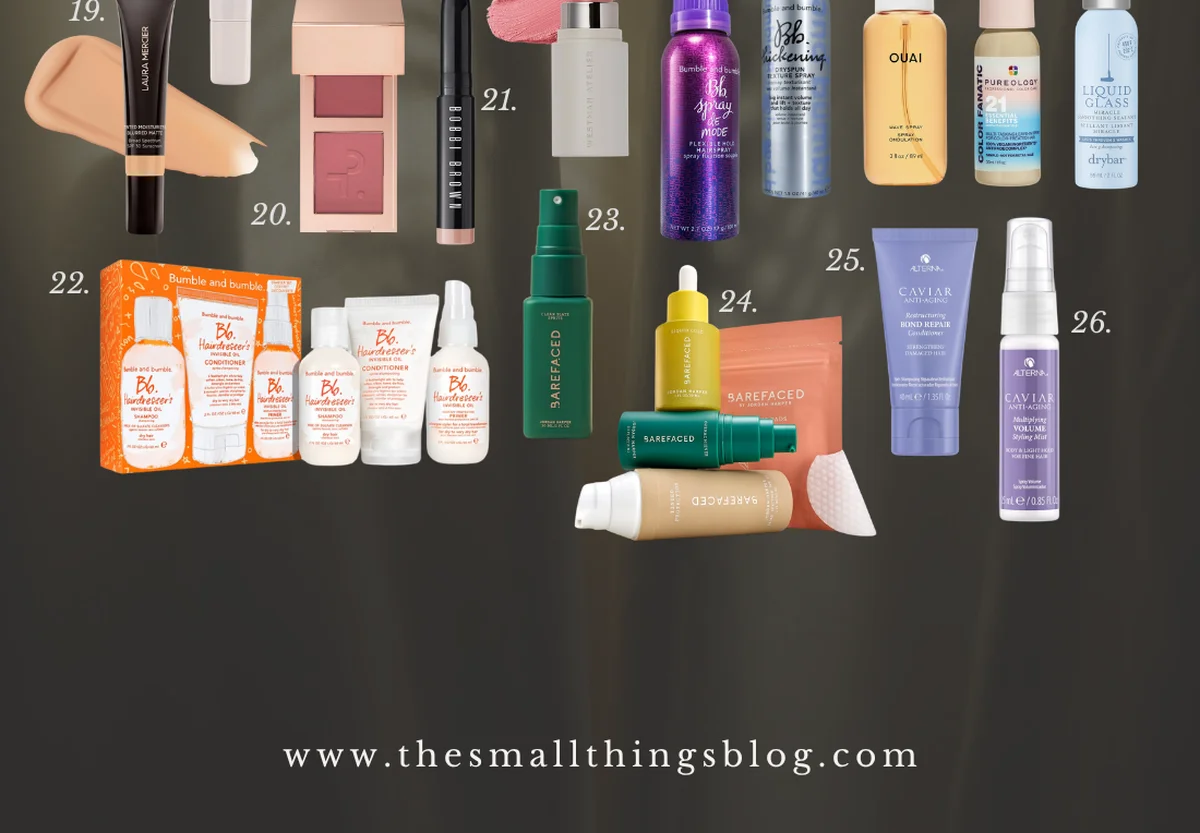 Close-up of numbered travel beauty product collage