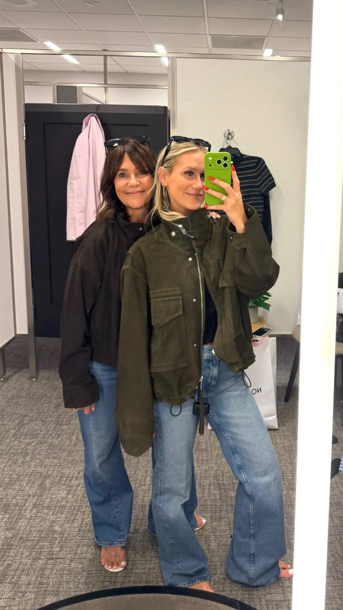 Women styling suede and leather jackets with denim