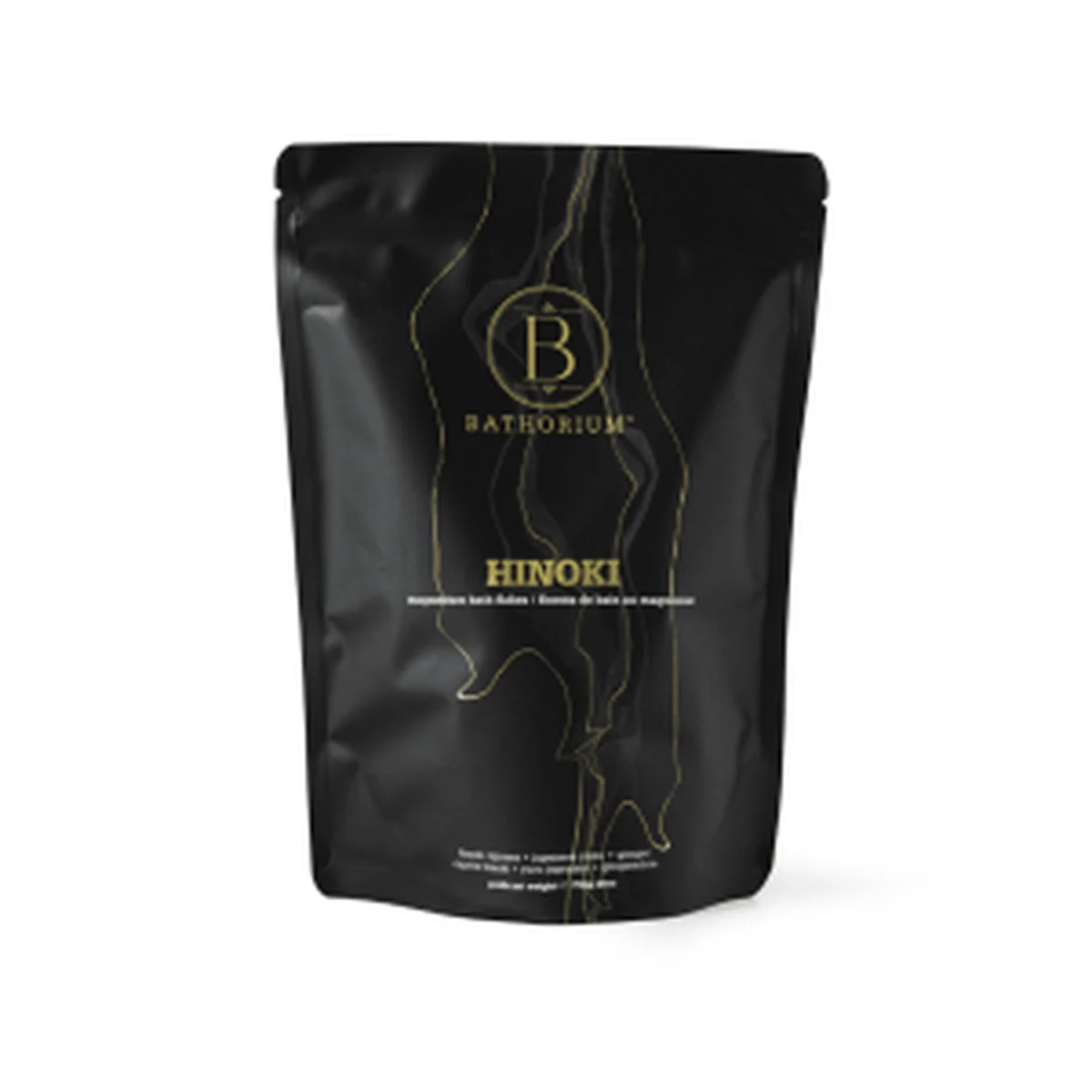 Bathorium Hinoki magnesium bath soak black pouch with gold text