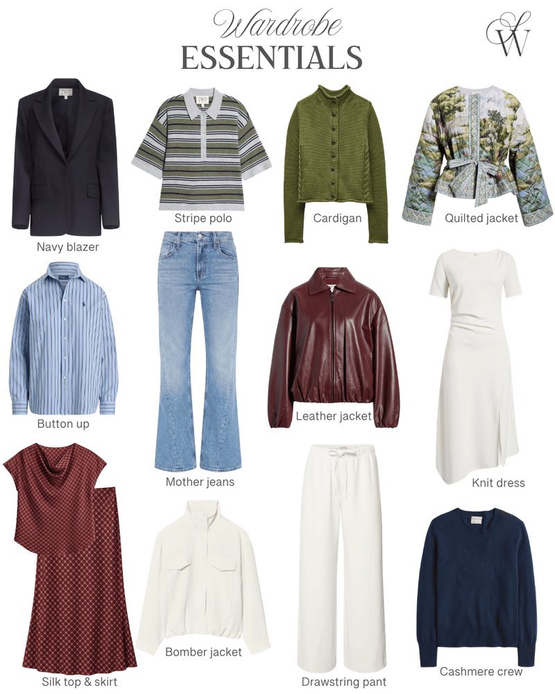 Flat-lay collage of pre-fall capsule essentials including blazer and polo
