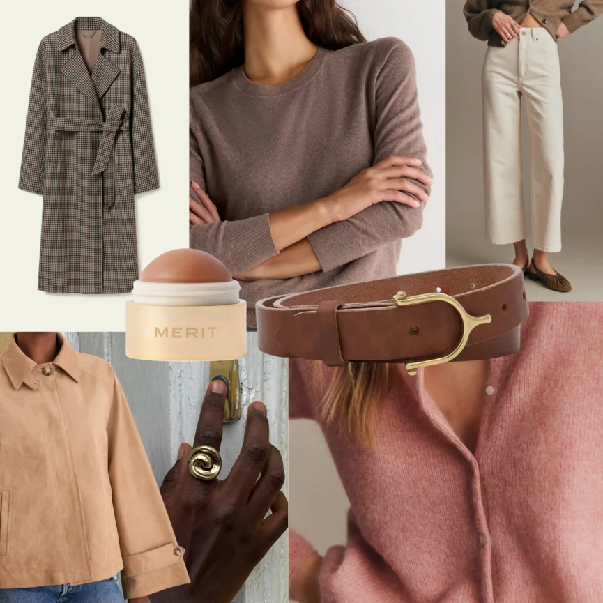 Soft Autumn palette collage of muted knits, denim, belt and gold ring