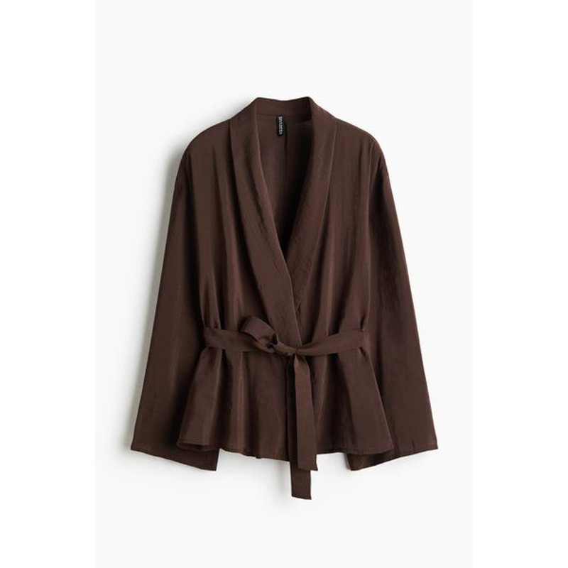 Oversized dark brown tie-belt jacket on white background