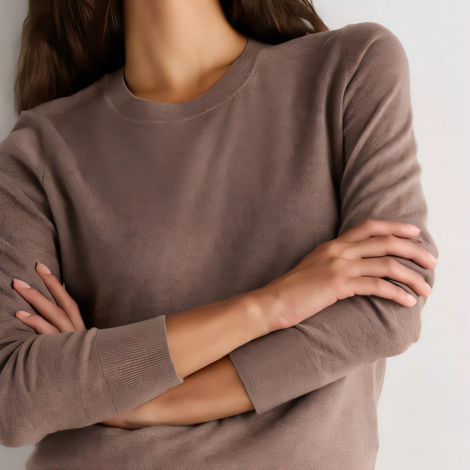 Taupe crew neck sweater in a soft muted knit