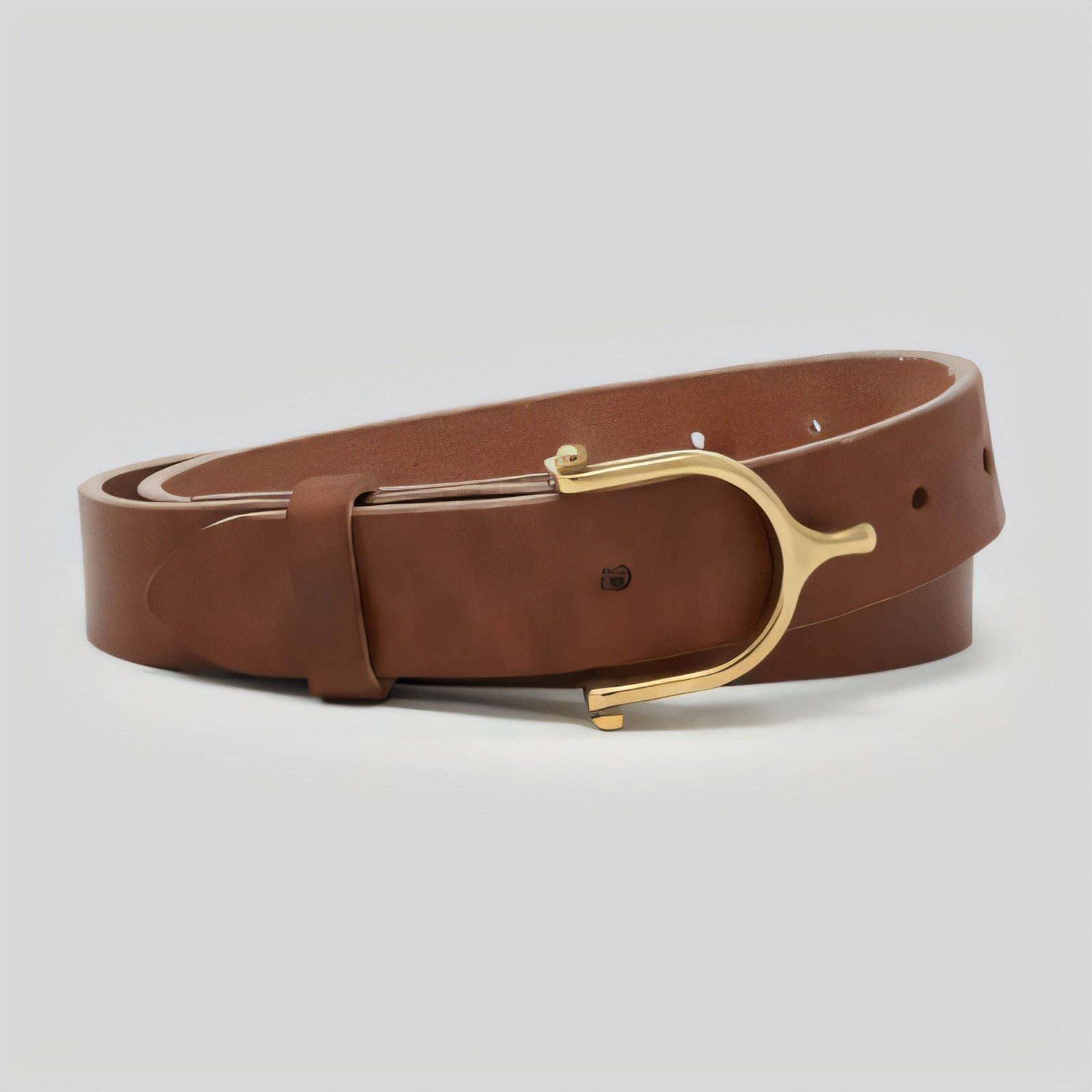 Brown leather belt with a gold tone buckle
