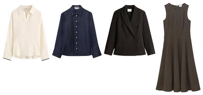Neutral wardrobe pieces: silk shirts, blazer and midi dress on white