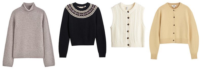 Four neutral knit sweaters and cardigans displayed side by side